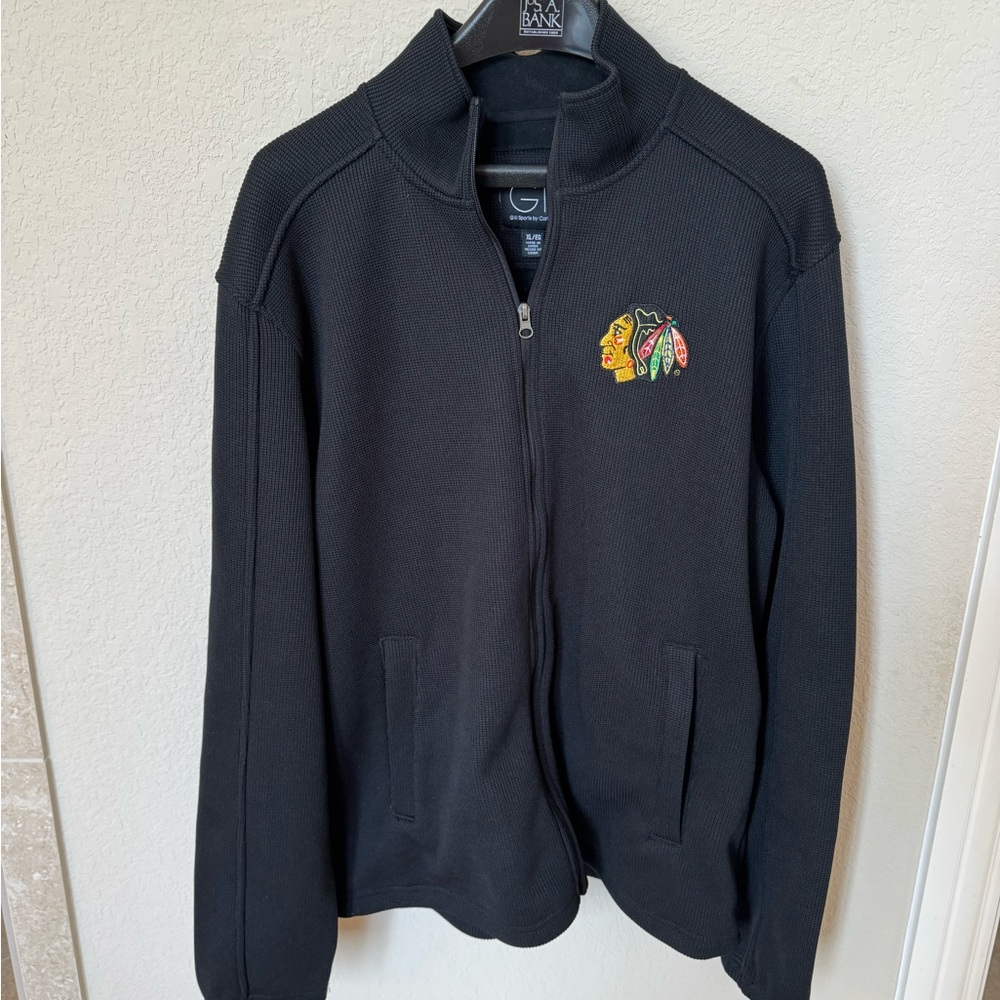 Giii Sports black, full-zip, heavy Blackhawks sweater jacket. Size XL.